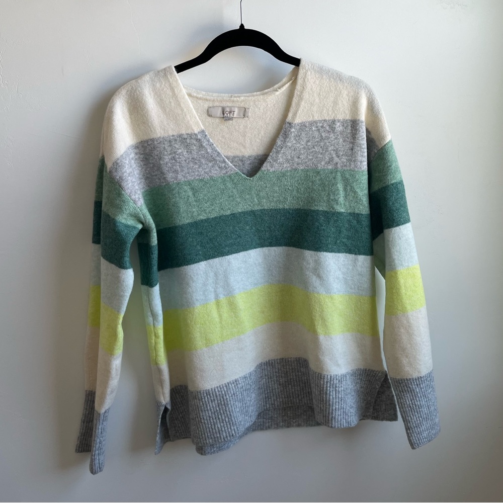 Loft striped sweater small v neck green white gray